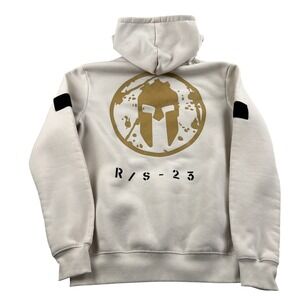 Spartan Race Graphic Fleece Hoodie S Beige Men Athletic Gym Pullover Sweatshirt